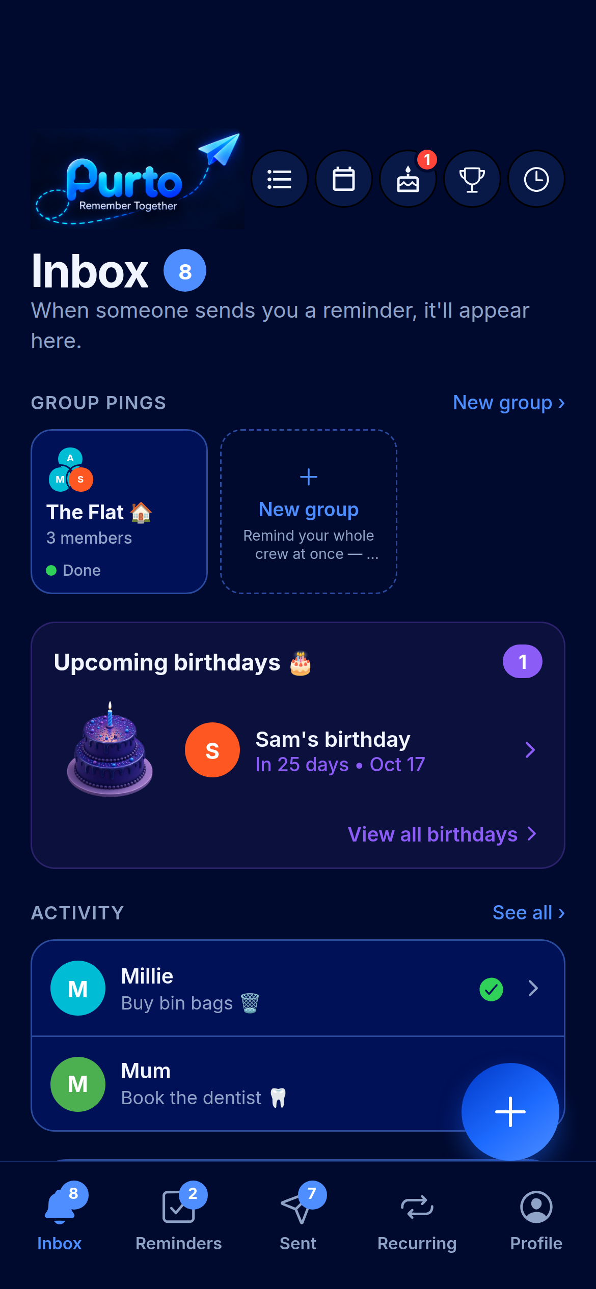 Purto inbox showing shared PINGs, a group room, and upcoming birthdays